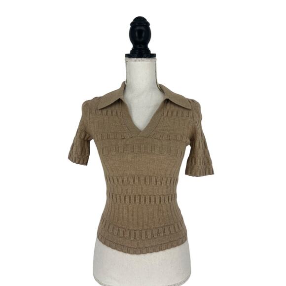 Paige Dune Collared Merino Wool Polo Shirt in Camel - Picture 2 of 11